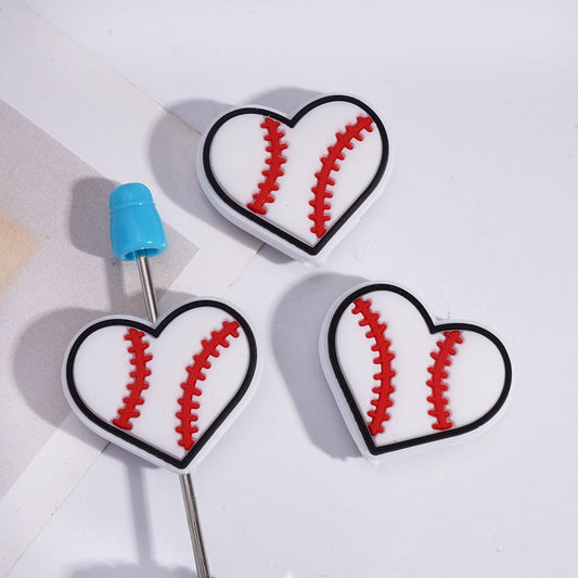Silicone Focal Beads Sports Style Heart with Baseball Texture