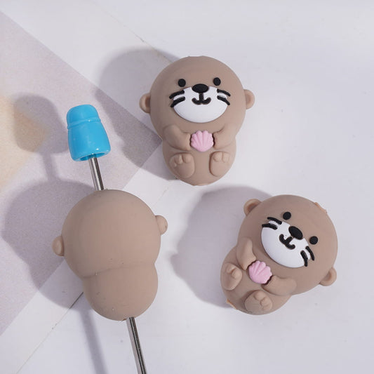 Silicone Focal Beads 3D Sea Otter Holding Pink Shellfish