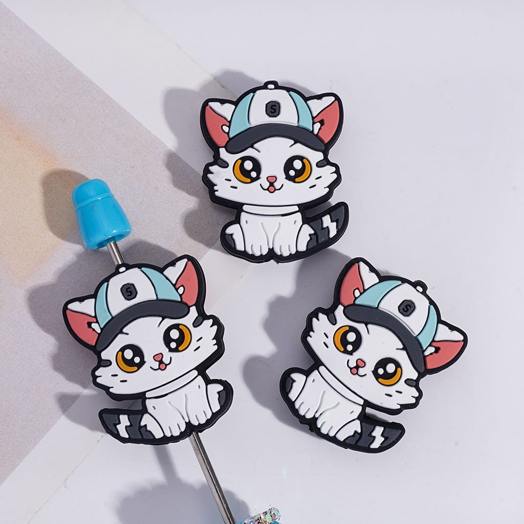Silicone Focal Beads Pretty Kitten with Baseball Cap