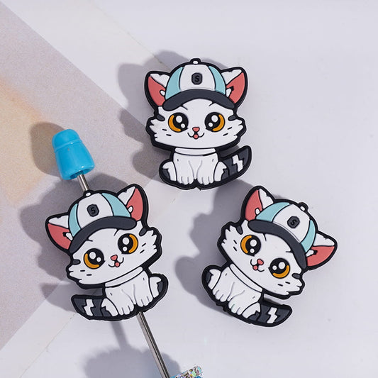 Silicone Focal Beads Pretty Kitten with Baseball Cap