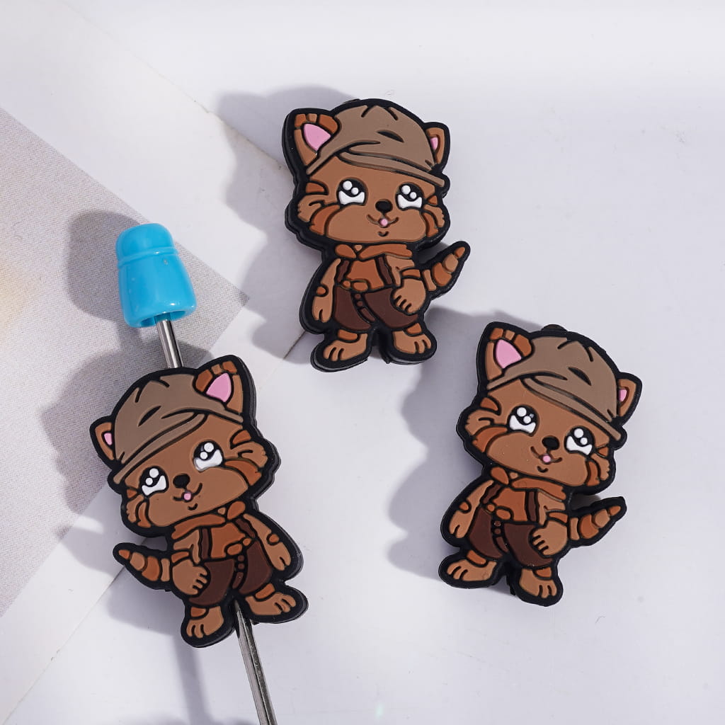 Silicone Focal Beads Brown Cat Wearing Hat and Suspender Trousers