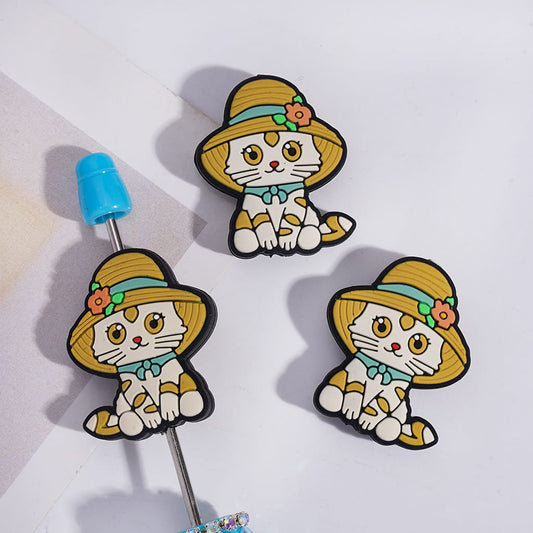 Silicone Focal Beads Beautiful Cat with Olive Green Straw Hat and Teal Scarf