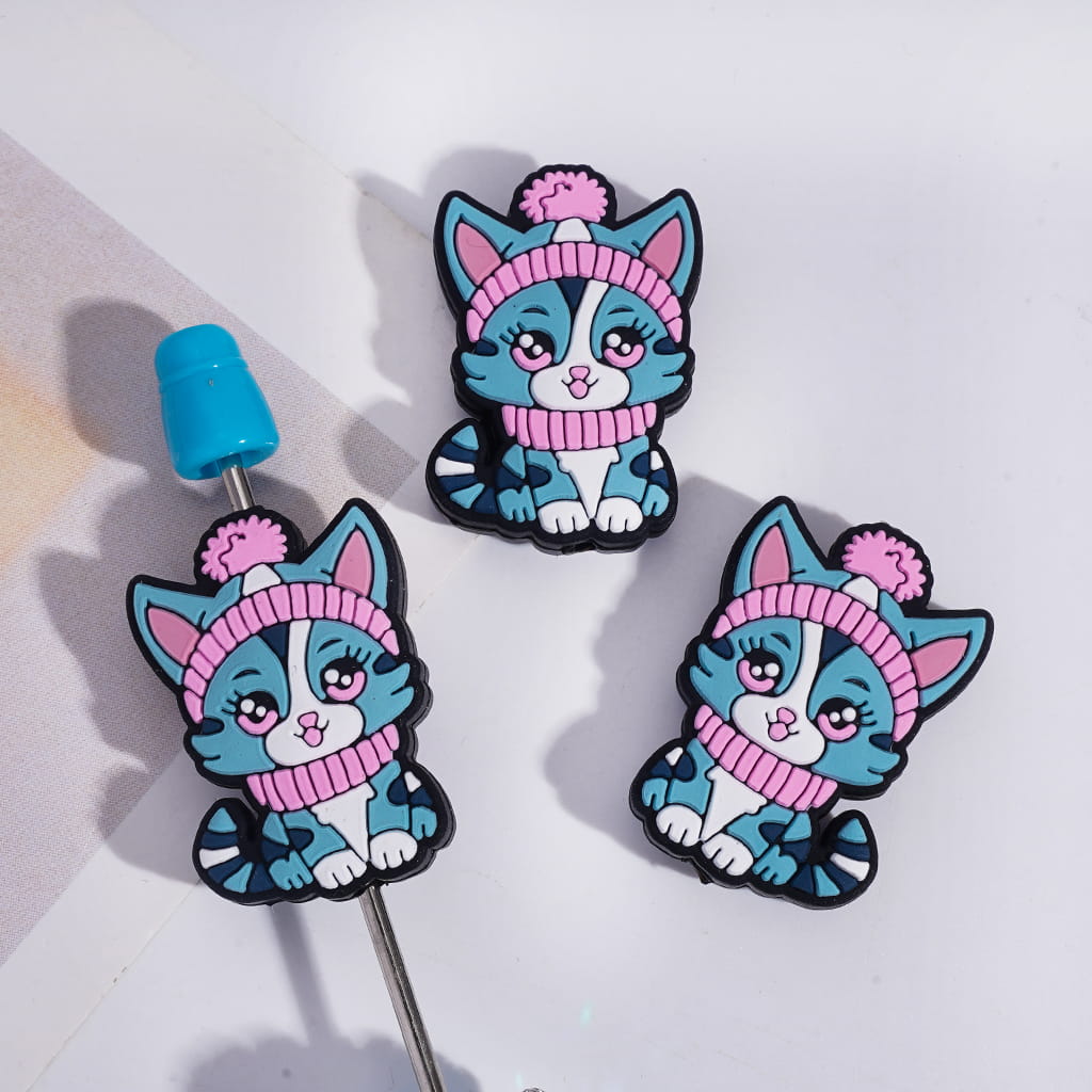 Silicone Focal Beads Winter Cat with Knit Hat and Pink Scarf