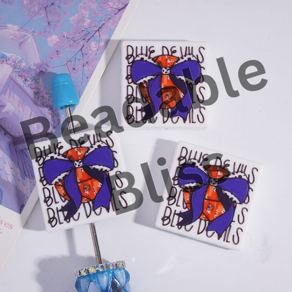 Silicone Focal Beads with Blue Bowtie on Orange Basketball, Flat Square Shape