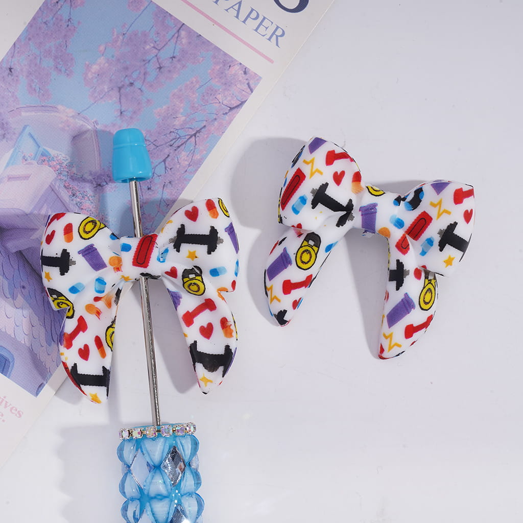 Silicone Focal Beads Soft Bowtie with Sports Gym Equipment Prints, 40MM