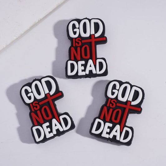 Silicone Focal Beads Religion Theme with Text "GOD IS NOT DEAD" and Red Cross