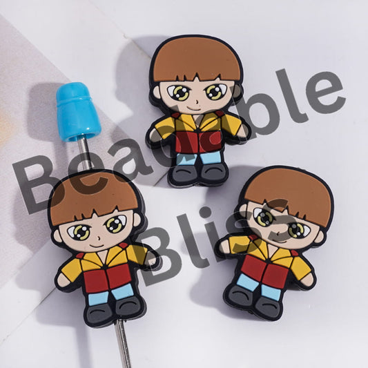 Silicone Focal Beads Quirky World Boy Character with Brown Hair Horror Style
