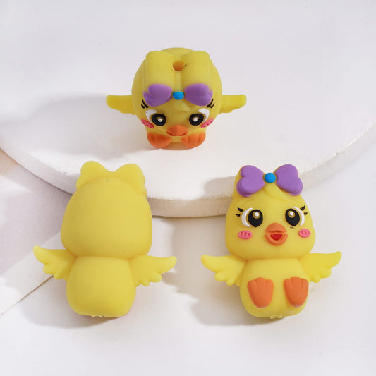 Silicone Focal Beads 3D Yellow Duck Opening Wings and Wearing Purple Bowtie on Head