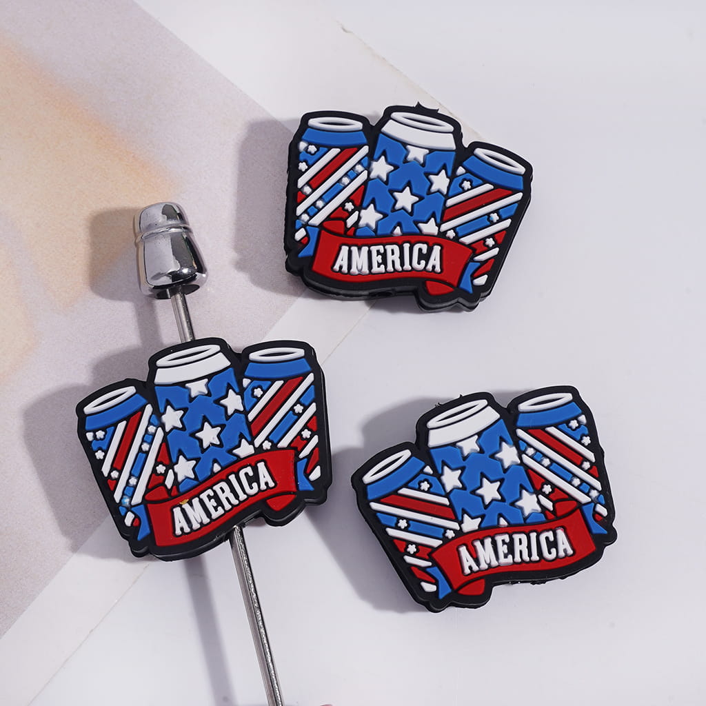 Silicone Focal Beads Three Beverage Can with American Flag Patterns