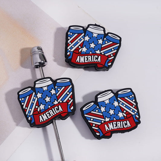Silicone Focal Beads Three Beverage Can with American Flag Patterns