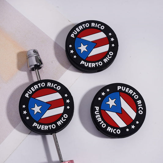 Silicone Focal Beads with PUERTO RICO Flag Pattern, Flat Round Shape