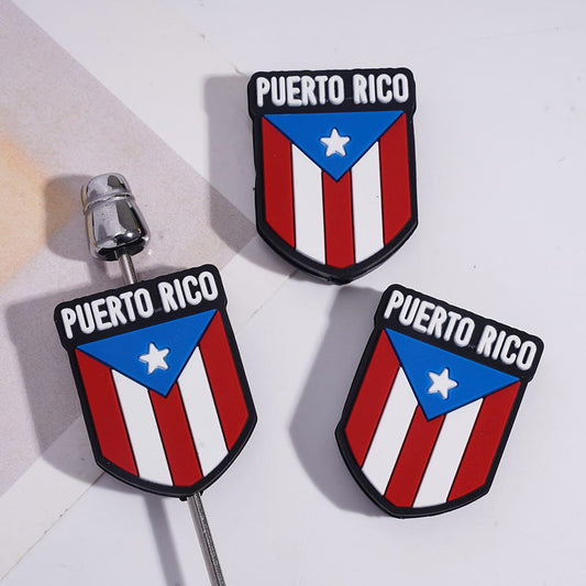 Silicone Focal Beads PUERTO RICO Flag with Red White Stripes and Star