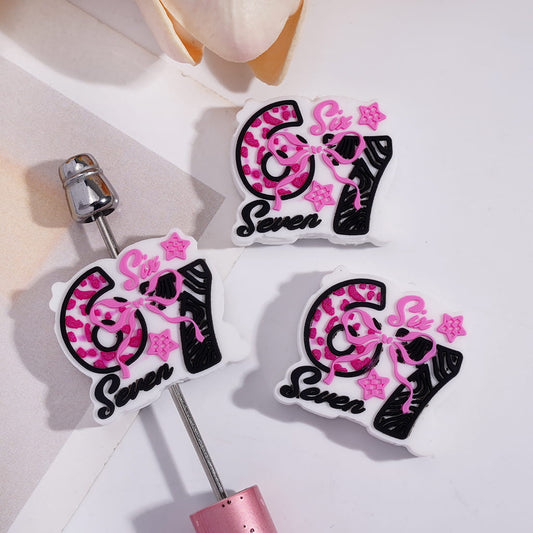 Silicone Focal Beads with Number "67" and Text "Six Seven", Pink Star and Bowknot