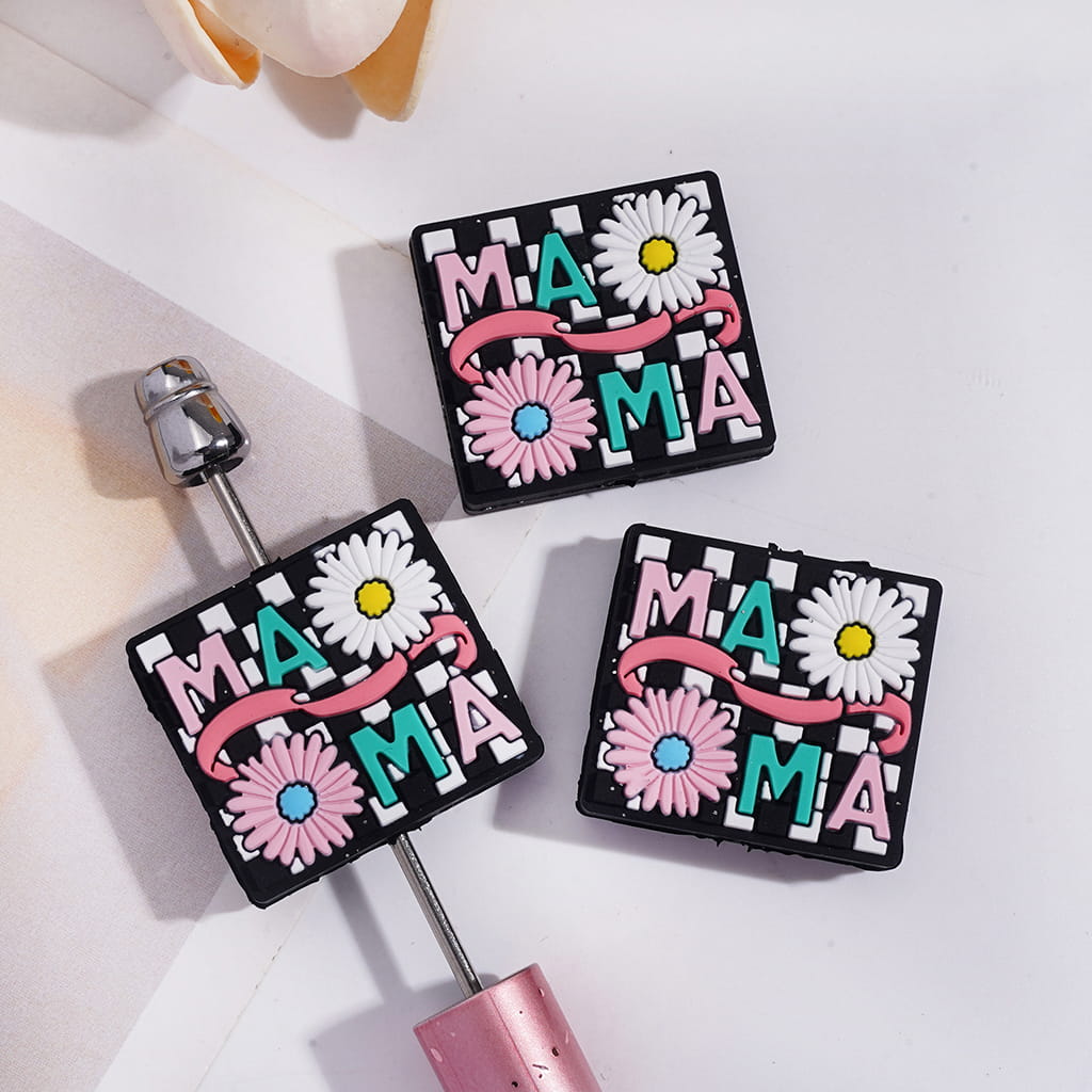 Silicone Focal Beads with Text "MA MA" Mother's Day and Daisy Flowers