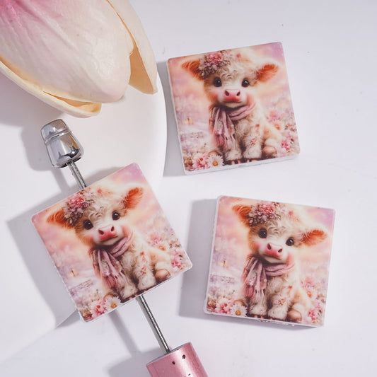 Silicone Focal Beads with Cute Highland Cow Wearing Flowers Garland Pastel Pink, Flat Square Shape