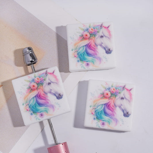 Silicone Focal Beads with Pastel Pony Unicorn in Colorful Mane, Flat Square Shape