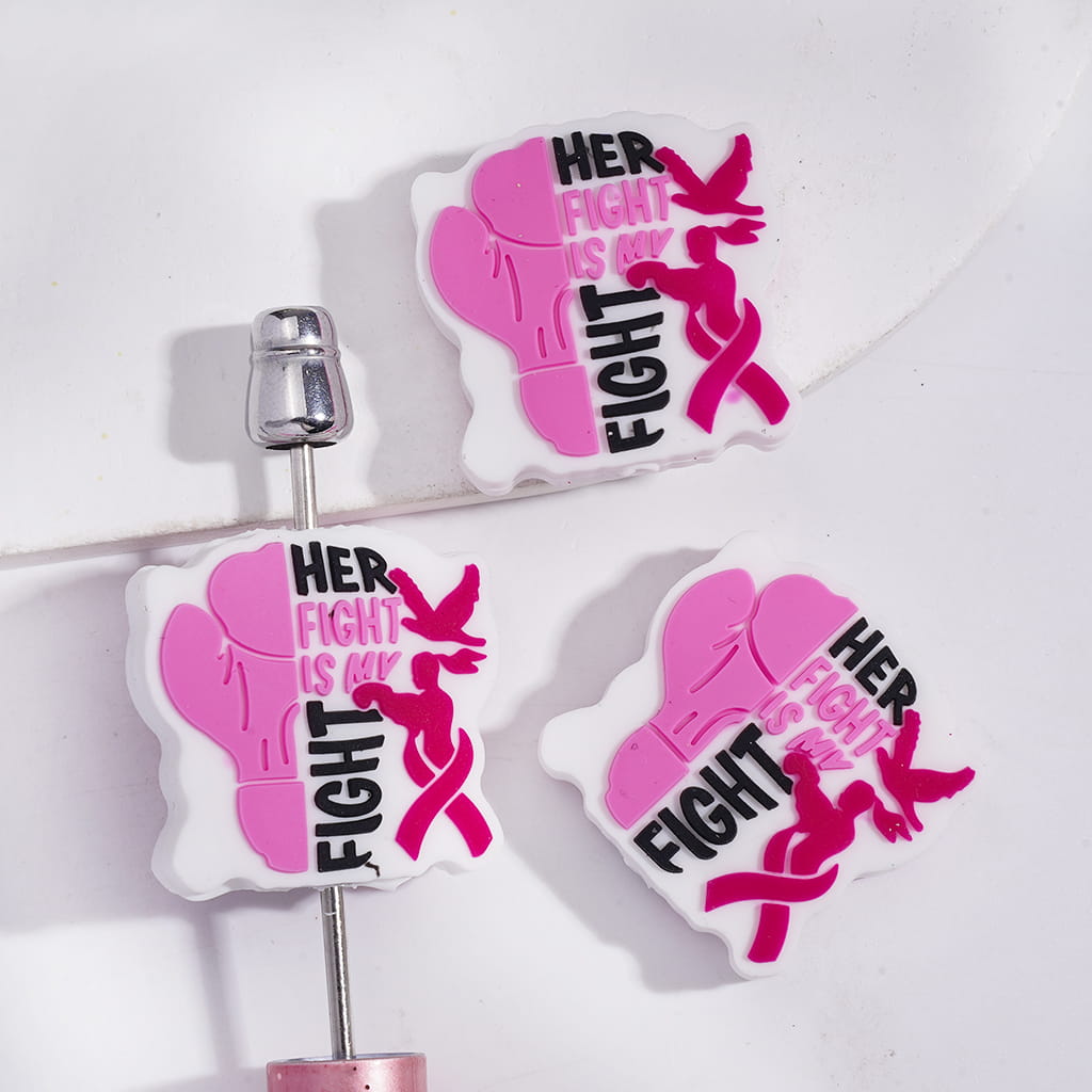 Silicone Focal Beads with Text "HER FIGHT IS MY FIGHT" and Girl Boxing Glove Silk Ribbon Breast Cancer Awareness