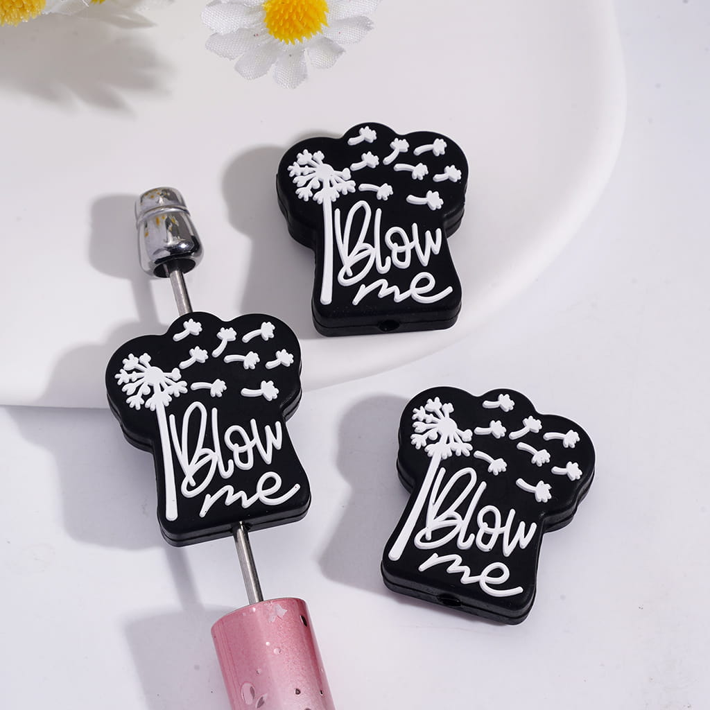 Silicone Focal Beads with White Text "Blow me" and Dandelion on Black Background