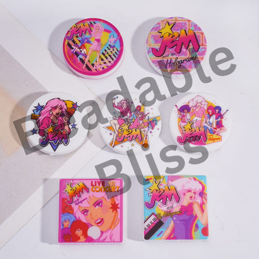 Silicone Focal Beads with Girl Singer Holograms Pattern, Pink Series, Flat Square and Round Shape