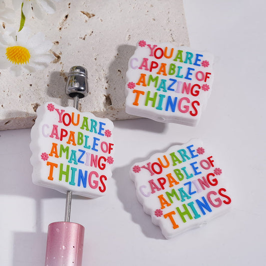 Silicone Focal Beads with Text "YOU ARE CAPABLE OF AMAZING THINGS" and Pink Flowers