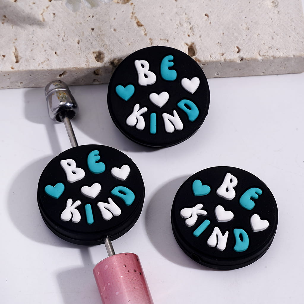 Silicone Focal Beads with Teal White Text "BE KIND" and Heart on Black Background, Flat Round Shape