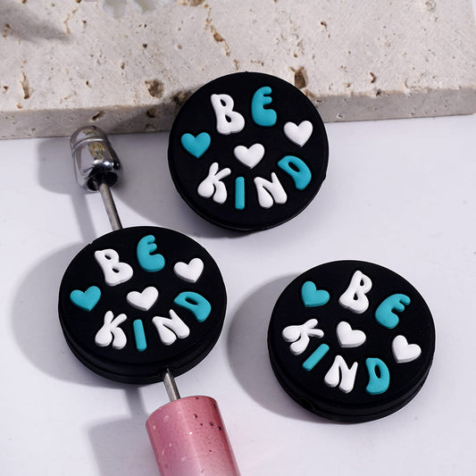 Silicone Focal Beads with Teal White Text "BE KIND" and Heart on Black Background, Flat Round Shape