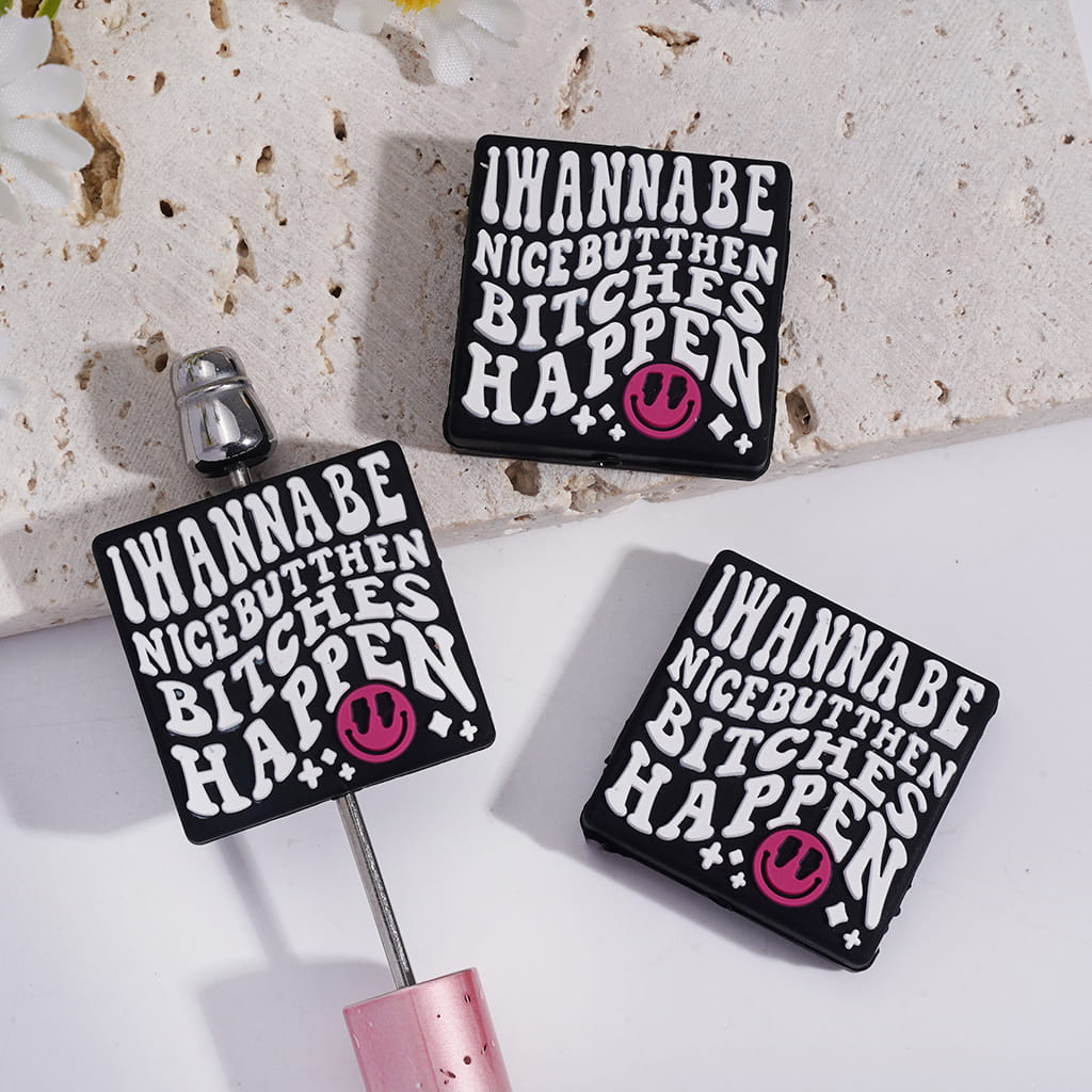 Silicone Focal Beads with White Text "I WANNA BE NICE BUT THEN HUMOR HAPPEN" and Star Rose Pink Smiling Face Expression, Flat Square Shape