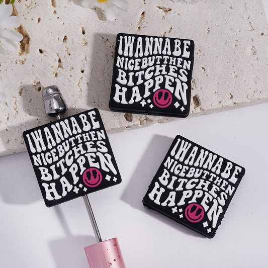 Silicone Focal Beads with White Text "I WANNA BE NICE BUT THEN HUMOR HAPPEN" and Star Rose Pink Smiling Face Expression, Flat Square Shape