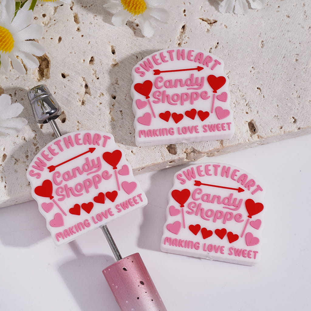 Silicone Focal Beads with Pink Text "SWEET HEART CANDY shoppe MAKING LOVE SWEET" and Cupid's Arrow Heart