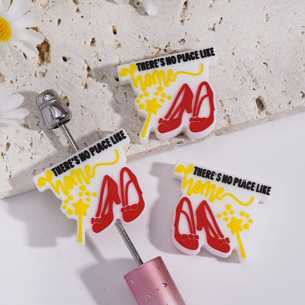 Silicone Focal Beads with Text "THERE'S NO PLACE LIKE home" and Ruby Slippers Yellow Star Magic Wand