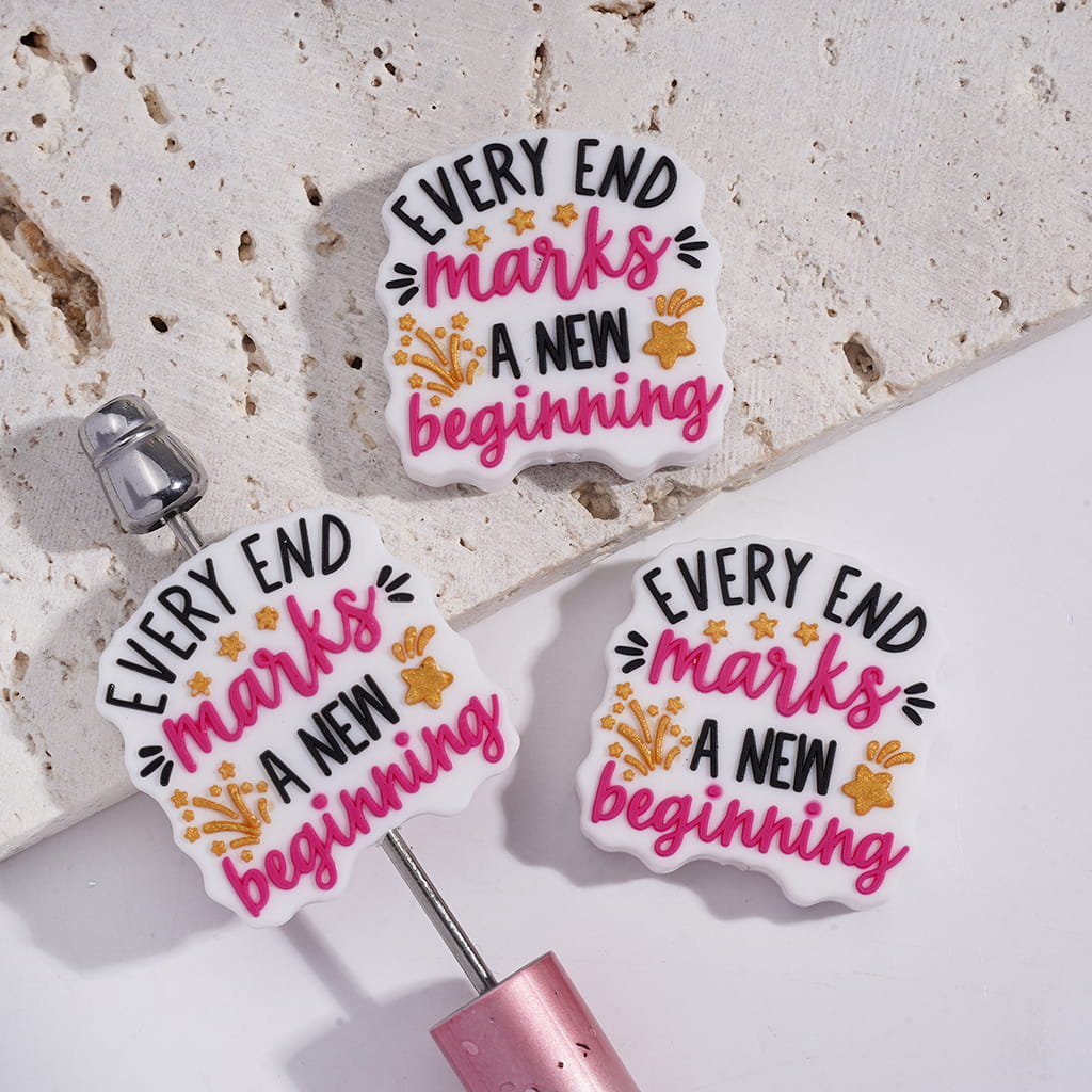 Silicone Focal Beads with Text "EVERY END MARKS A NEW beginning" and Star in Gold Glitter