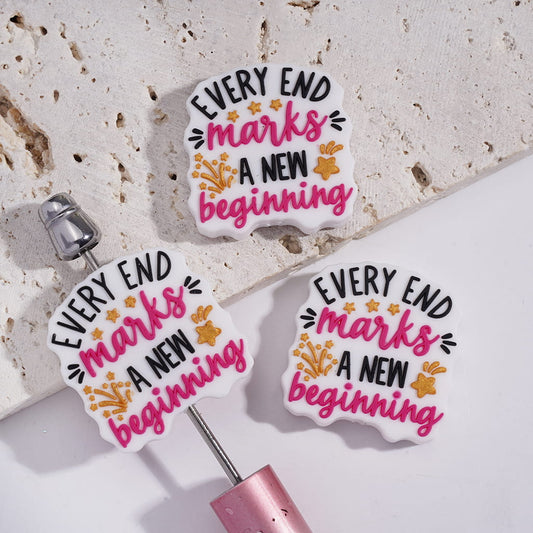 Silicone Focal Beads with Text "EVERY END MARKS A NEW beginning" and Star in Gold Glitter
