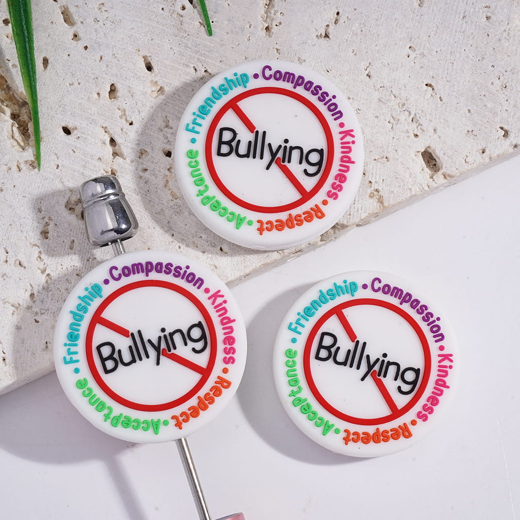Silicone Focal Beads with Text "Compassion Kindness Respect Acceptance Friendship" in Anti-Bullying Theme, Flat Round Shape