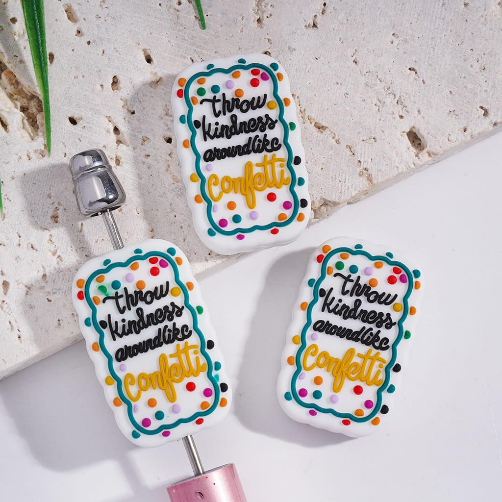Silicone Focal Beads with Text "Throw Kindness around like confetti" and Green Vine Polka Dots