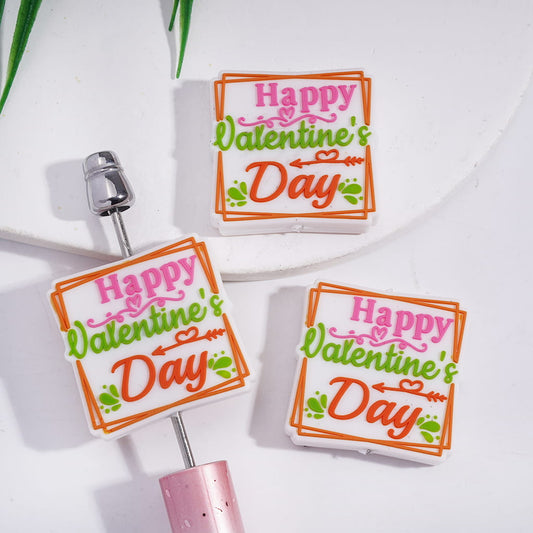 Silicone Focal Beads with Text "Happy Valentine's Day" and Cupid's Arrow Heart