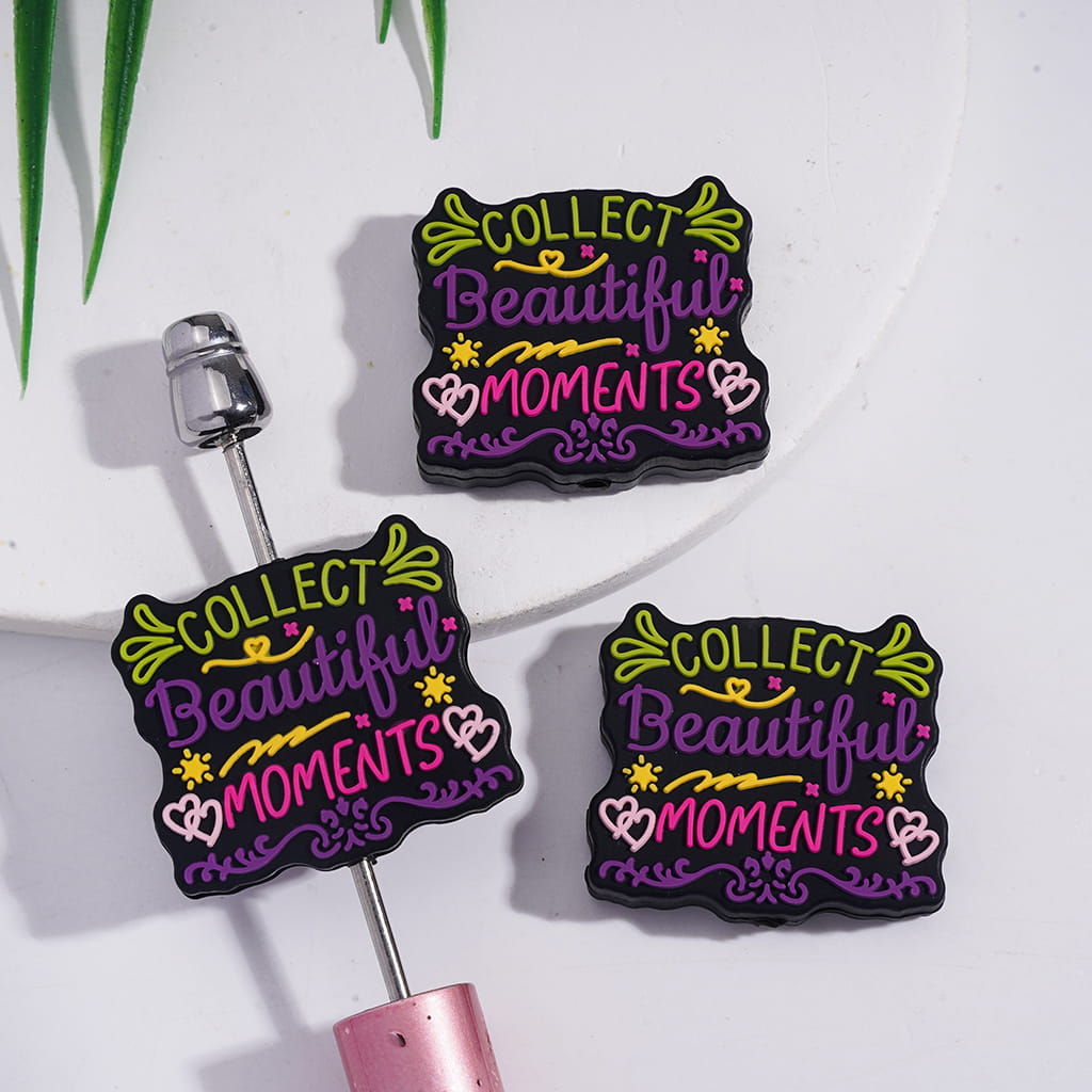 Silicone Focal Beads with Text "COLLECT Beautiful MOMENTS" and Floral Scrolls Stars Hearts
