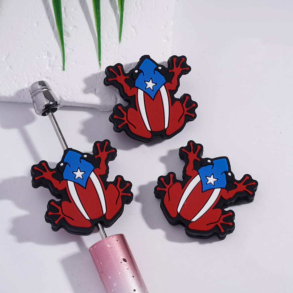 Silicone Focal Beads Frog Shape with Puerto Rico Flag Pattern