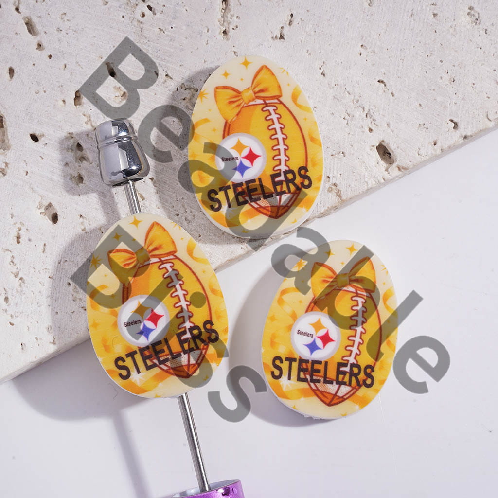 Silicone Focal Beads Oval Shape with Pittsburgh Football Prints