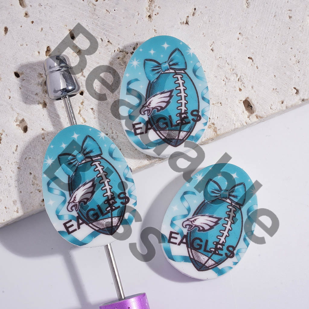 Silicone Focal Beads Oval Shape with Bald Eagle Philly Football Prints