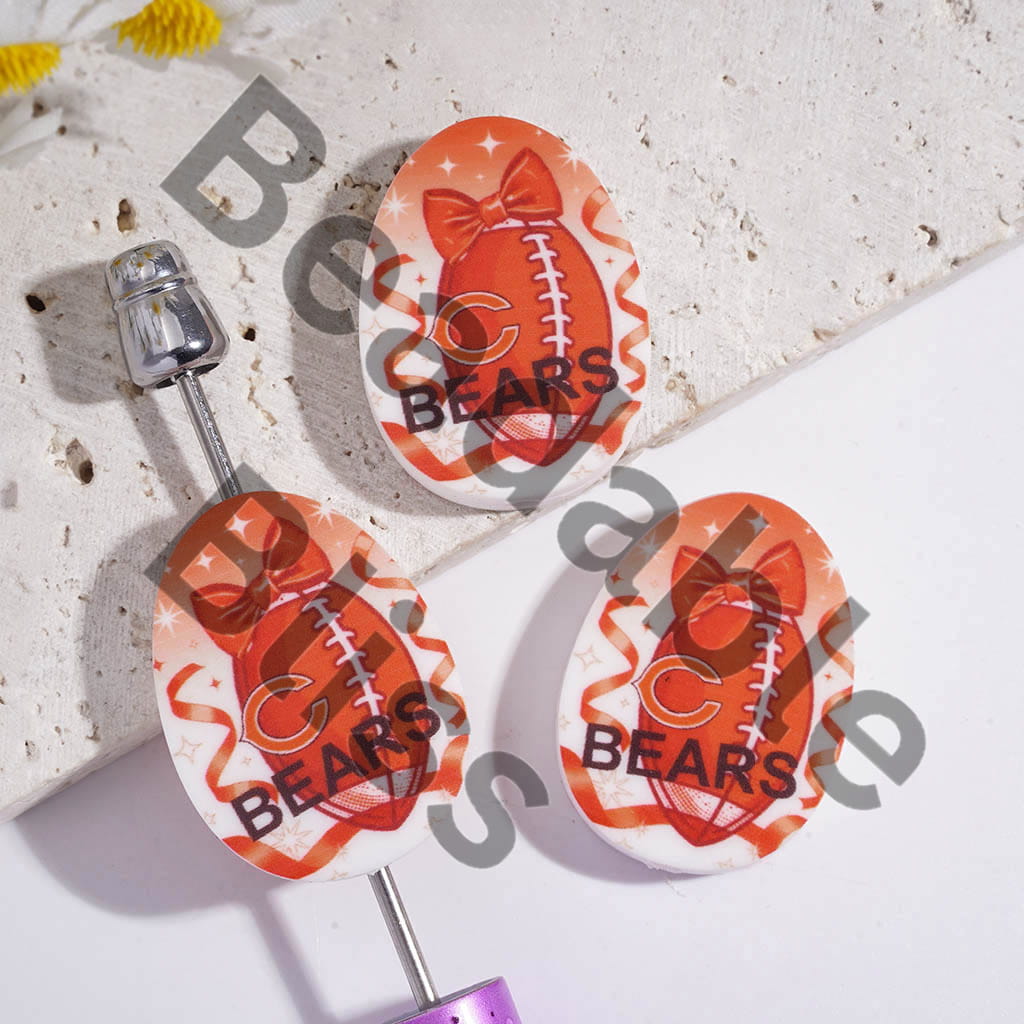 Silicone Focal Beads Oval Shape with Chicago Football Prints