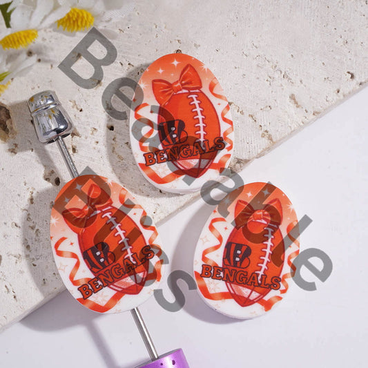 Silicone Focal Beads Oval Shape with Cincinnati Football Prints