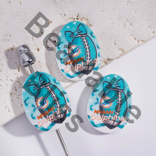 Silicone Focal Beads Oval Shape with Miami Football Prints