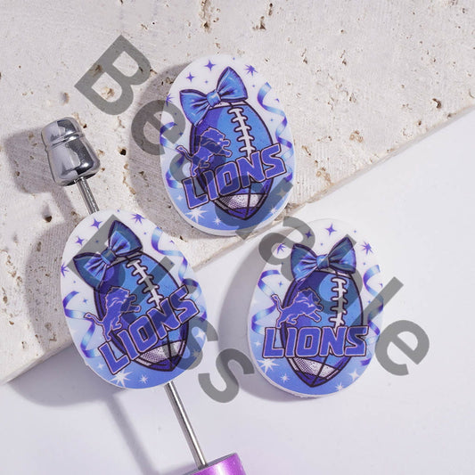 Silicone Focal Beads Oval Shape with Blue Lion Detroit Football Prints