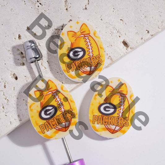 Silicone Focal Beads Oval Shape with Green Bay Football Prints