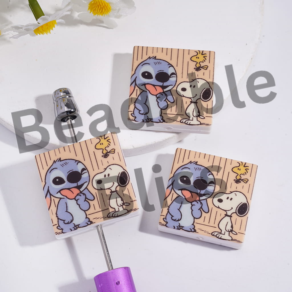 Silicone Focal Beads Blue Monster Beagle Dog Yellow Bird Character on Light Brown Wall, Flat Square Shape