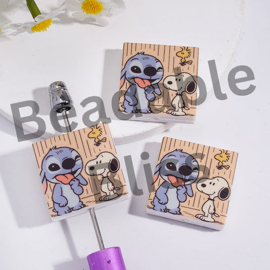 Silicone Focal Beads Blue Monster Beagle Dog Yellow Bird Character on Light Brown Wall, Flat Square Shape