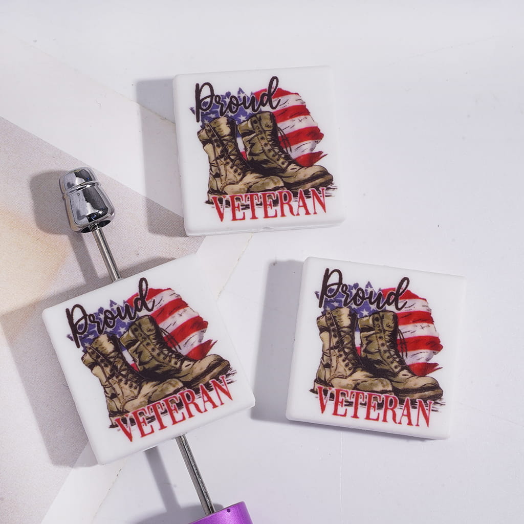 Silicone Focal Beads with Text "Proud VETERAN" and USA America Flag Military Army Boots Patriotism, Flat Square Shape