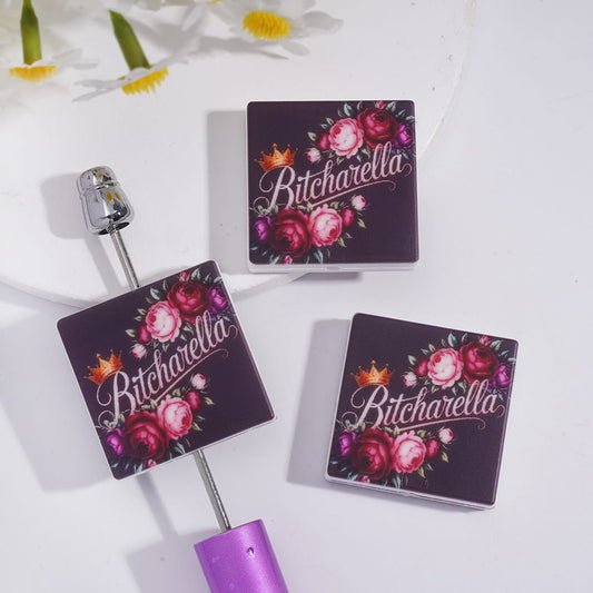 Silicone Focal Beads with Humor Text and Gold Crown Rose Flowers, Flat Square Shape