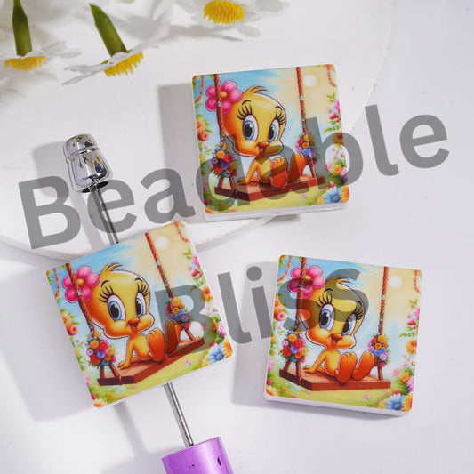 Silicone Focal Beads with Lively Bird Character Play on Swing, Flat Square Shape