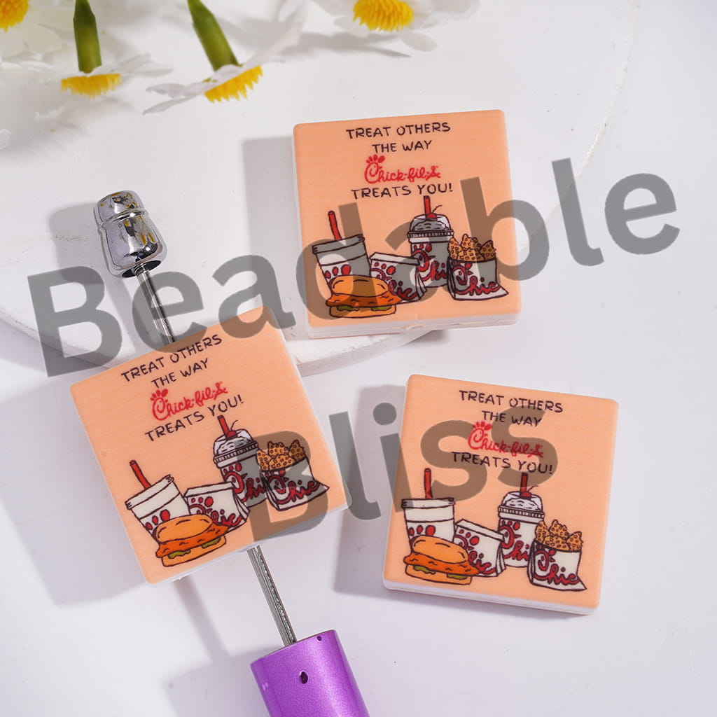 Silicone Focal Beads with Text "TREAT OTHERS THE WAY American Fast Food Shop TREATS YOU!", Flat Square Shape